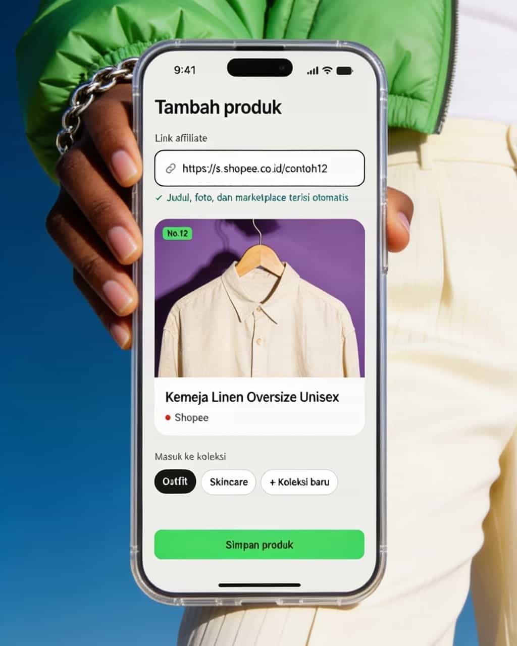Tangan memegang HP berlayar Tambah produk: link Shopee sudah ditempel, dan Kemeja Linen Oversize Unisex muncul sebagai No.12